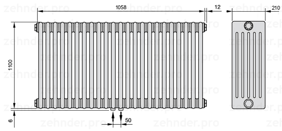 Схема (чертеж) Радиатор Zehnder Charleston 6110/23 №3470 Белый глянцевый RAL 9016